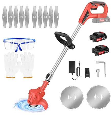 Cortador de hierba inalámbrico de 21 V, desbrozadoras telescópicas, cortahierbas, eléctrico, portátil, cortahierbas, para la limpieza del jardín, las malezas, (con 2 baterías/rojo)