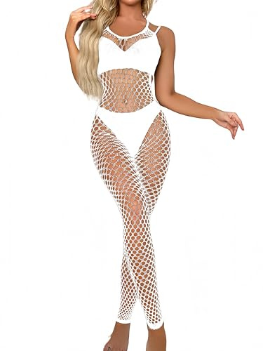 CZSABXY Women's Fishnet Bodysuit Mesh Bodystocking Fishnet Lingerie Rave Outfits Jumpsuit(White)