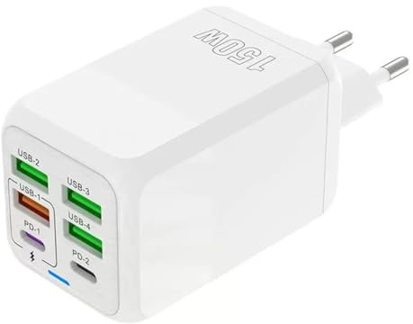 Chargeur Type-C Prise Charge Rapide QC 3.0 Rendement total 150W 4Ports USB-A Rapide Dual PD USB-C Adaptateur Secteur USB Multiple Chargeurs secteur Universel pour iPhone 17/16/15/14/13 Pro Max/Android