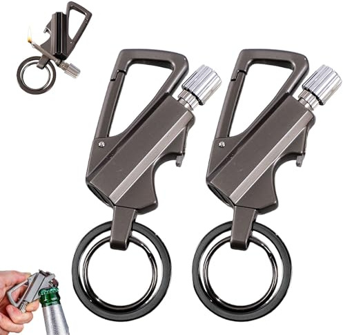 KoovDem Keychain Lighter， 2 Pack Metal Match Kerosene Lighter， Reusable Waterproof Windproof Permanent Strike Anywhere， with Multitool Bottle Opener, for Outdoor Survival Gift for Men(Black)