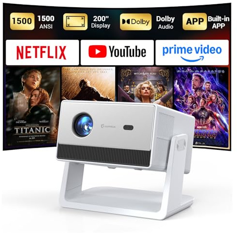 Mini Smart Projector, Portable Projector with WiFi and Bluetooth, HAPPRUN 4K Full HD Home Theater with 270° Stand, Dolby Sound, Built-in Apps,Compatible with Phone & PC, Indoor & Outdoor Use