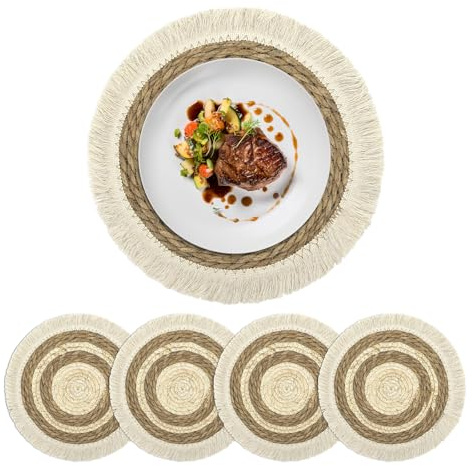 fanquare Ensemble de 4 Sets de Table Ronds Boho à Pampilles en Herbe, Tissage Rustique Macramé à Cercles Concentriques, Style Ferme pour Cuisine et Salle à Manger