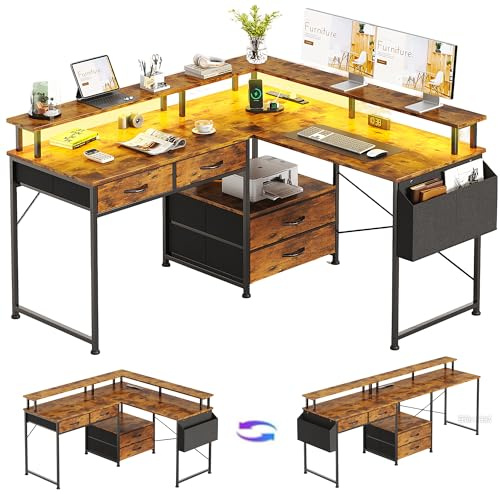 Flrrtenv 130x120cm L Shaped Desk with Power Outlet & LED Lights, 4 Drawers Reversible Gaming Corner Computer Desks for Workstation, Home Office Desks with Monitor Shelf & Storage Shelves, Rustic Brown