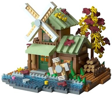 Gearblox Windmill Mini Wood Cabin Micro Building Set with LED Light Wooden Forest House Block Toy with Tree Log Stem Houses Construction Model for Adults Teens Birthday Gift