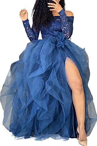 Women Maxi Tulle Skirts Floor Length Layered A Line Elastic High Waist Split Long Tutu Puffy Mesh Tiered Skirt (Navy Blue, ONE Size)