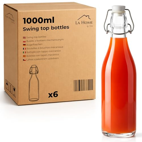 La Home by Chris Glasflaschen mit Bügelverschluss - Nachfüllbare Bügelflaschen aus Klarglas für Saft, Limonade, Öl, Essig, Liköre & Sirup (6, 1000ml)