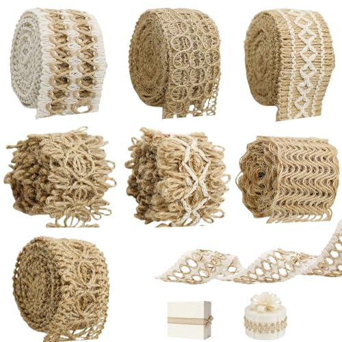 Forbabe 7 Rolle 2M Juteband, Vintage Bastelband Natürliche Geschenkband | Natur Stoffband, Jute Rolle Boho Geschenkbänder Spitzenband für Hochzeit Tischdeko Weihnachten Geschenkverpackung DIY Basteln