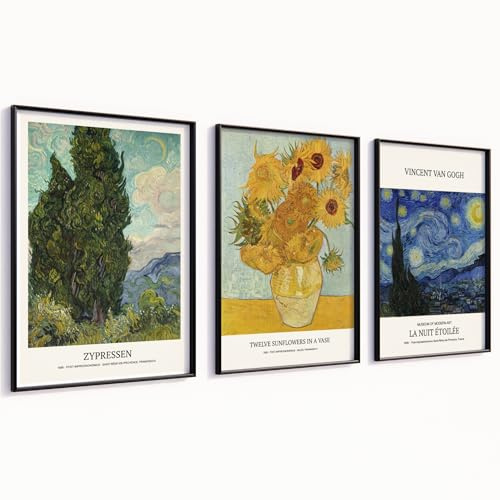 MJ-GRAPHICS® Van Gogh Poster Set A2 Kunstdrucke Künstler Wandbilder Wohnzimmer Deko Schlafzimmer A2 Bilder mit Rahmen 3er Set Collage für Wohnzimmer Poster Collage