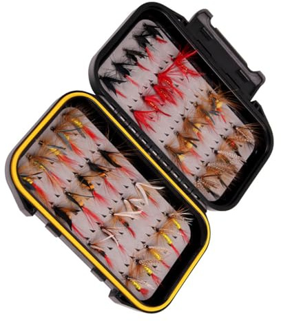 QUXVUIS Juego de Moscas de Pesca con Mosca a Prueba Agua con Caja Almacenamiento Surtido anzuelos Cebo Artificiales húmedos Profesionales Pescadores Principiantes