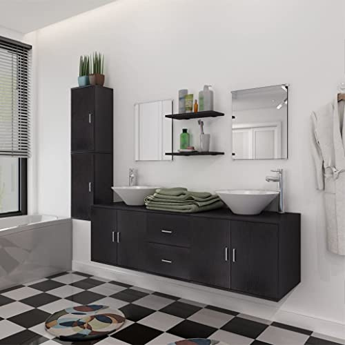 Set di Mobili da Bagno da 11 Pezzi con Lavabo e Rubinetto, Design Moderno Sospeso, Mobile Bagno Completo Salvaspazio in Legno Nero con Lavandini in Ceramica e Rubinetti Cromati,150x45x45 cm