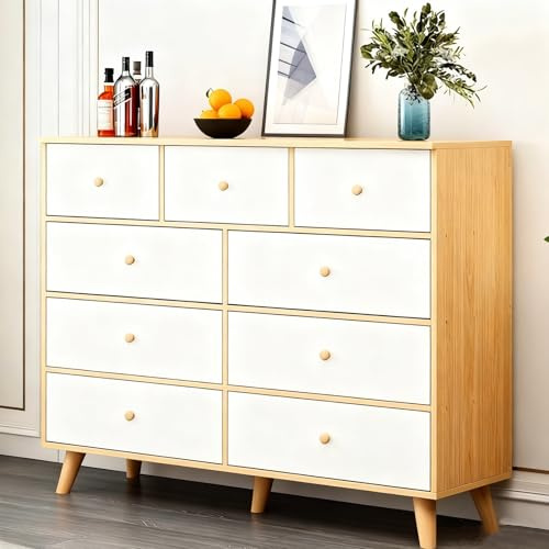 CHMAIDEU Moderne Commode Blanche 9 Tiroirs, Meuble de Rangement Chambre Adulte et Enfant, Commode Bois Élégante pour Salon, avec Poignées Rondes et Pieds en Bois Massif