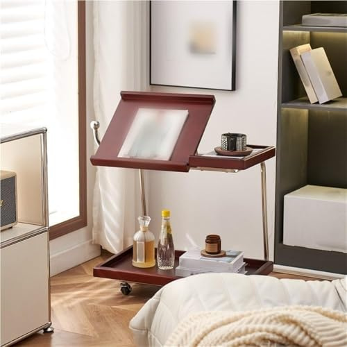 Rullande sidobord i trä med justerbar höjd, förvaring i 2 lager, 360° remskiva, metallstöd, släta handtag, flyttbar vagn för hemmet, alla tillfällen (brun)