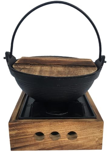 Homoyoyo Marmite Suspendue en Fonte Japonaise Petite Taille avec Support en Bois Pot Antiadhésif Haute Température pour Soupe Camping et Fondue Japonaise Ustensile Pratique pour Cuisson