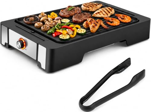 COSTWAY Griglia Barbecue Elettrica, 2300W Piastra Grill Elettrica | con Piastra a 2 Zone, Temperatura Regolabile e Vassoio Raccogli-grasso, Antiaderente con Pinza per BBQ e Campeggio