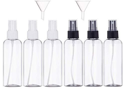 JamHooDirect 6Pcs, 100ml Spray Bottle Empty Plastic Fine Mist Travel Atomiser Set with 2 Funnels - Clear Refillable & Reusable Travel Size Bottle Toiletries Liquid Containers for Cosmetic Make-up