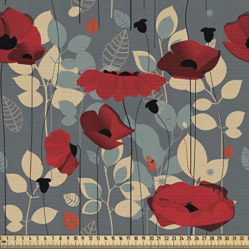 ABAKUHAUS Mohn Gewebe als Meterware, Moderner Blumengarten, Schön Gewebten Stoff für Polster und Wohnaccessoires, 1M (148x100cm),Beige Grau Rot
