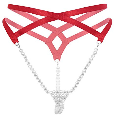 YOOJIA Damen Perlen String Tanga Micro Mini Perlenstring T-Back Slip Ouvert Unterhose Erotik Unterwäsche Reizwäsche Rot A Einheitsgröße