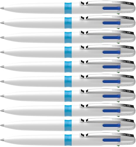 Schneider 138049 Take 4 Kugelschreiber mehrfarbig (4 Farben, Minen wechselbar, recycelter Kunststoff) weiß-hellblau, 10 Stück