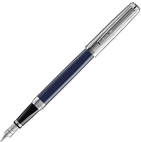 Waterman Exception Füllfederhalter (modell Slim), blaulackierter Schaft, versilberte Zierteile, Mittlere 18K Goldfeder - Geschenkbox L'Essence du Bleu Exception DeLuxe C.C M
