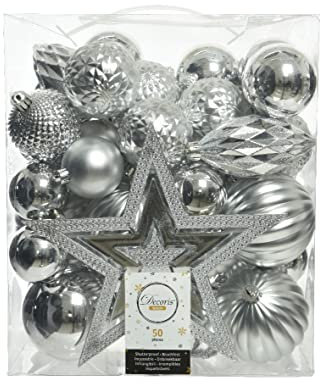 Kaemingk Weihnachtskugeln Kunststoff 5-8cm mit Christbaumspitze Stern 50er Set bruchsicher Silber