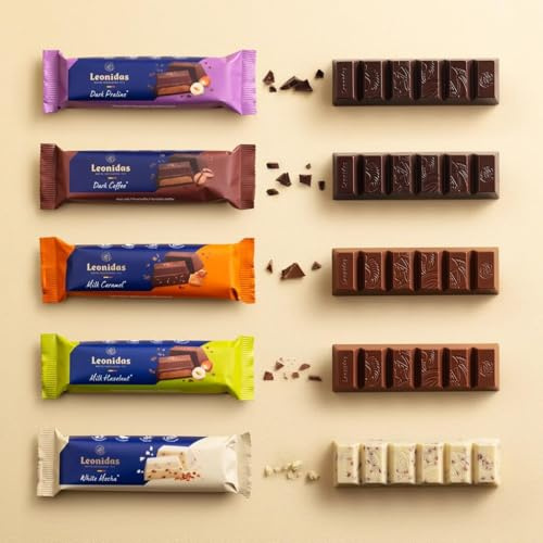 Leonidas Belgian Chocolate Bar Assortment – Set of 5 × 50 g Bars (Milk, Dark & White) | Milk Hazelnut, dark Praliné, Coffee, Salted Caramel & Mocha Pearls | Pure Cocoa Butter, No Palm Oil