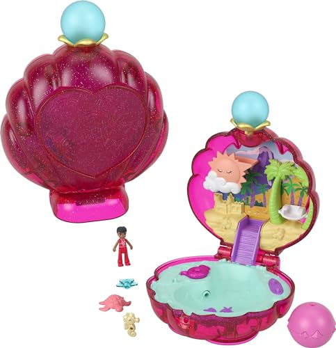 Polly Pocket Puppen & Zubehör, Sparkle Beach Shell Compact mit Mikro-Puppe & Ozeanhaustier, Reisespielzeug mit Wasserspiel