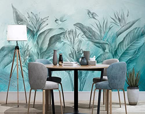 Papier Peint Panoramique 3D Bananier Bleu Dessiné À La Main Plantes Tropicales Oiseaux Volants Décoration Murale Trompe L'Oeil Salon Chambre Art Mural 250(W)X175(H)Cm