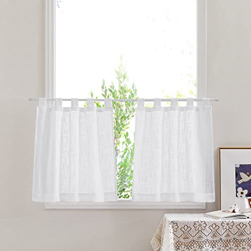 PONY DANCE Tende Cucina a Vetro - Tende a Vetro per Finestra Tende Semitrasparenti Effetto Lino Tende Corte per Finestre con Passanti 2 Pezzi L 60 x A 60 CM, Bianche