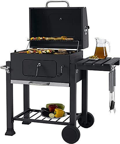 Barbacoa Barbacoa de carbón de leña Grillwagen, Antracita/Acero Inoxidable Al Aire Libre Barbacoa Rectangular Plegable Caja Grande Horno Hogar Barbacoa Grill de carbón Negro