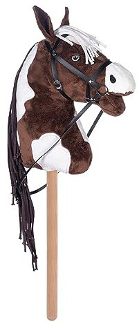 HKM Hobby Horse – Steckenpferd braun/weiß, abnehmbare Trense & Lange Mähne, 40 cm Holzstiel – für Hobby Horsing Dressur & Parcours