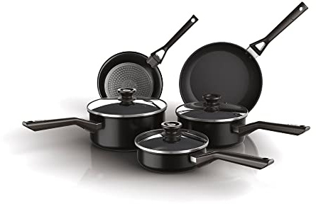 Ninja ZEROSTICK Classic 5-Piece Pan Set [CW55000UK] Aluminium Cookware, Induction Compatible, Dishwasher Safe, Oven Safe to 180°C, Glass Lids, Black