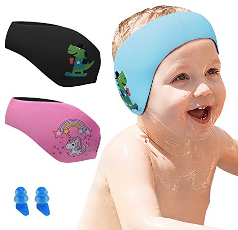 Funyord Bandeau de Natation Enfant avec Bouchons d'Oreilles - Protection Auditive en Néoprène Élastique pour Piscine, Plage et Sports Nautiques (Bleu, M)