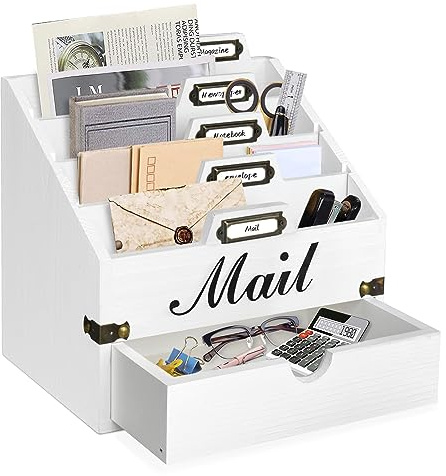 VOOTTOU Brief-Organizer aus Holz, Schreibtisch-Organizer mit 4 Fächern und Schublade, Briefhalter, Aktenordner, Wandhalterung, Schreibtischzubehör und Arbeitsplatz-Organizer, Aktenpapierhalter