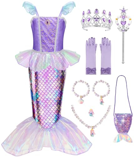 MELAND Mermaid Costume Kids, Princess Costumes for Girls Gift Aged 5-6, Little Mermaid Dress Up for Girls World Book Day (M)
