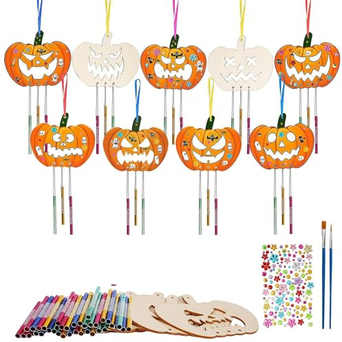 9 Stück Windspiel Bastelset Kinder,Halloween Kürbis Windspiel DIY Set DIY Windspiel Basteln Bastelset Holz Deko Bastelset Kinder Klangspiele Allerheiligen Für Kinder Zum Anmalen Und Dekorieren