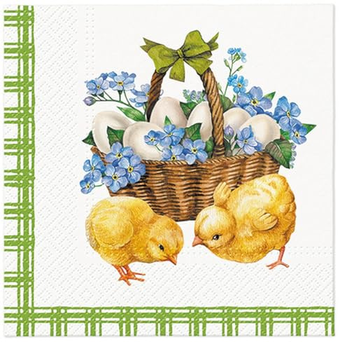 20 Servietten Ostern Küken an Korb mit Vergissmeinnicht als Tischdeko. Papierservietten mit Motiv. Auch für Decoupage und Serviettentechnik 33x33cm