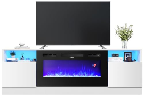 INMOZATA Electric Fire, Entertainment Center Console Table with Fireplace, 12Colors Realistic Flame Effect & 12Colors Moon Lights, Remote Control&Overheat Protection, White, 36 Fireplace, for 78 TV