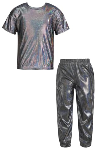 inhzoy Completo Sportivo Bambino Ragazzo Lucido Maglietta Sportiva Danza Moderna Manica Corta T-Shirt Maglia Lucida e Pantaloni Sportivi Tuta da GInnastica Ballo di Strada Nero 9-10 anni
