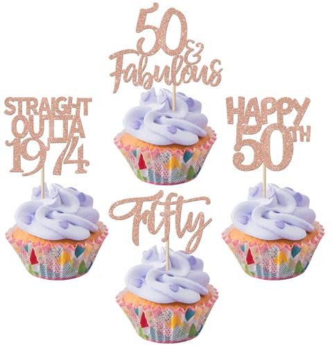 SYKYCTCY 24 Pack Straight Outta 1975 Cupcake Toppers Happy 50th Birthday Fifty Awesome Since 1975 Cupcake Picks 50 Fabulous Cake Decorations for 50th Birthday Anniversary Party Rosegold