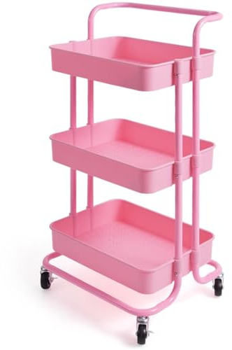 Giantex Aufbewahrungswagen mit 3 Ebenen mit 3 Körben, Küchenwagen mit 4 Universalrollen & 2 Bremsen, Trolley auf Rollen für Küche, Wohnzimmer, Badezimmer, 42 x 35 x 87 cm (Rosa)