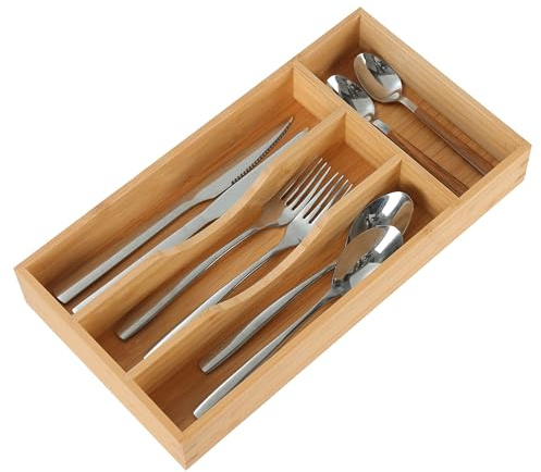 Upassion Bamboo Silverware Organizer, 4 Compartments Narrow Drawer Organizer, Natural Kitchen Utensil Organizer