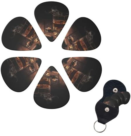 Cigar & Whiskey Gitarrenplektren, 6 Stück, 3 verschiedene Stärken, Zelluloid-Gitarrenplektren mit Plektrumhalter, personalisiertes Gitarrenplektrum für Akustikgitarre, E-Gitarre, Bass, Ukulele