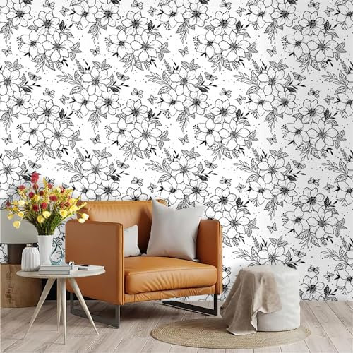 Selbstklebende Tapete Schwarze Graue Blumen Strukturtapete Wandtattoo Schlafzimmer Tapete Selbstklebend Vliestapete Wallpaper for Living Room Tapeten Langlebig Wandschutzfolie 45x300cm