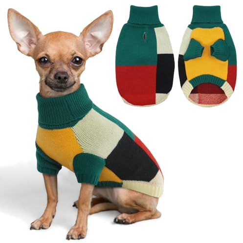 Hundepullover für kleine Hunde | gestrickter Hunde Pullover warm für Winter mit Geschirrloch und Rollkragen | gemütlicher Hundepulli für Weihnachten | Chihuahua, Yorkshire Terrier, Forest Blend XS