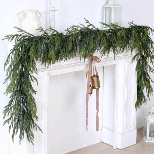 Artificial Christmas Garlands- Real Touch Norfolk Pine Garland Faux Greenery Fake Garland for Holiday, Fireplace, Mantle, Indoor Decor (1 Pcs,9 Feet)