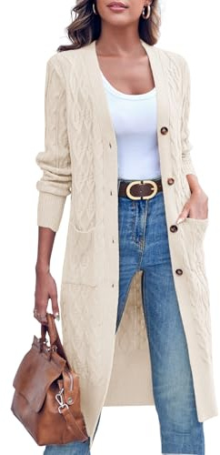 Imily Bela Cardigan Long pour Femme - Motif torsadé Ouvert sur Le Devant - Cardigan à Manches Longues - Automne et Hiver - Cardigan en Tricot avec Poches, Beige, S
