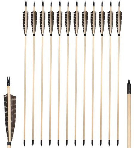 Toparchery 12 flèches en Bois avec 5 Pouces Naturelles de 32 Pouces Fait Main Flèches en Bois Flèches de Chasse Traditionnelles Pointes en métal pour Arc recourbé et Arc Long
