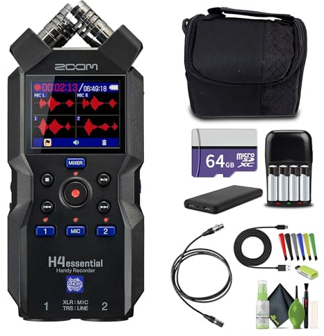 Zoom H4essential 4-Track 32-Bit Float Portable Audio Recorder With Accessibility Option, Stereo Microphones, 2 XLR/TRS Combo Inputs, USB Interface, for Musicians, Podcasters Bundle With Accessories