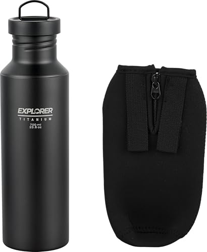 Explorer Bear Schwarze Titan-Camping-Sport-Trinkflasche, 690 ml, mit Tragetasche