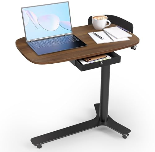 WALKINGDESK Mobilt stående skrivbord med 3 rullande hjul, Höj- och sänkbart laptopbord, pneumatiskt sidobord extra vagn med låda, för kontor, sovrum, eller vardagsrum, Svart valnöt